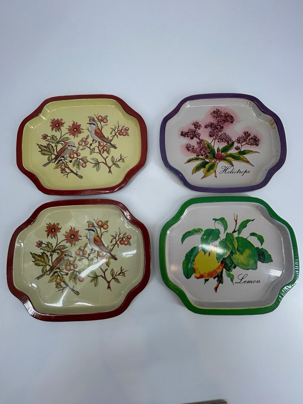 Vintage Metal Tin Floral Butterfly/Fruit Tray Multicolor Made In Hong Kong Set 4